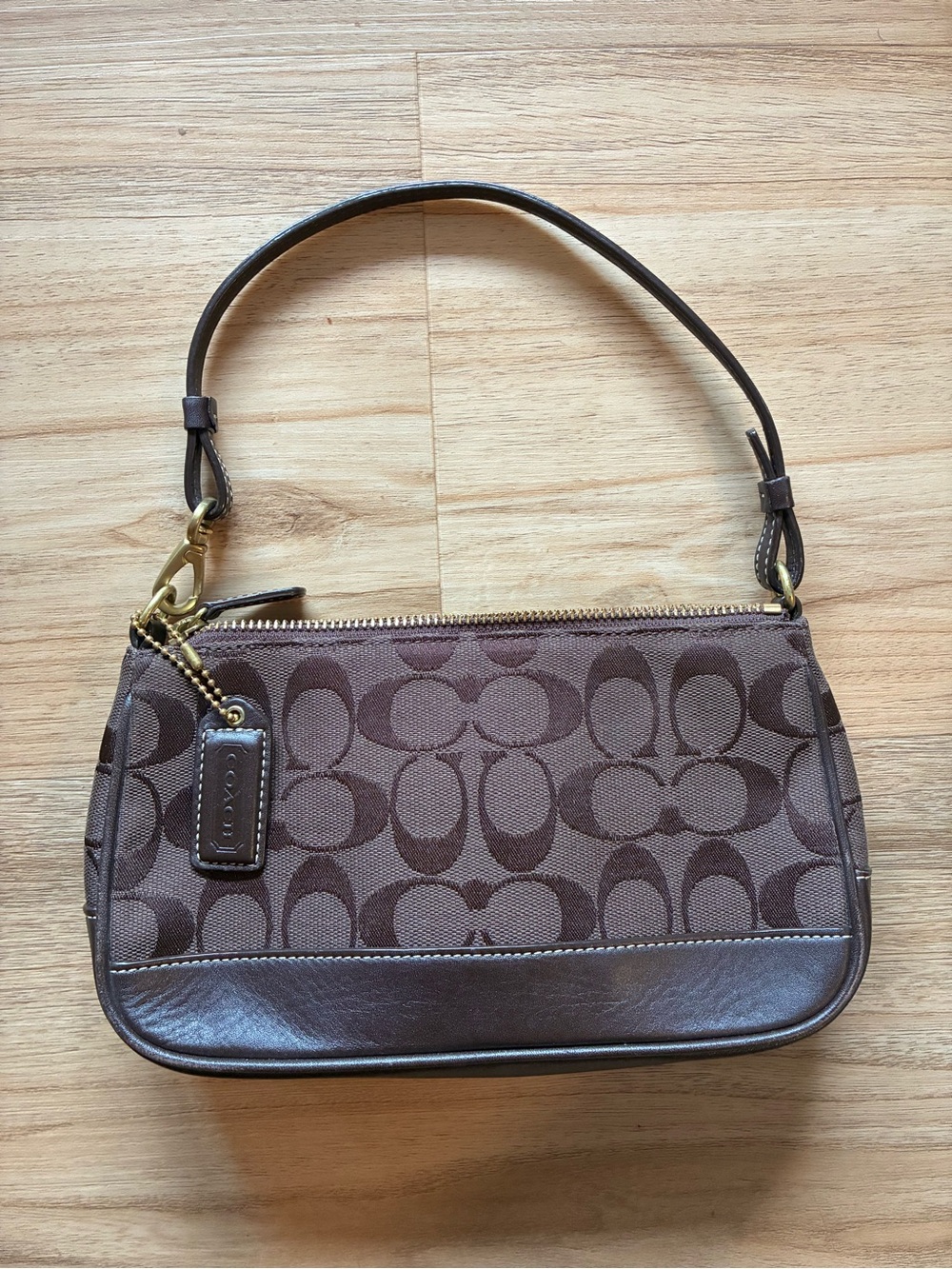 Coach Brown Signature Canvas Mini Bag with Leather Trim